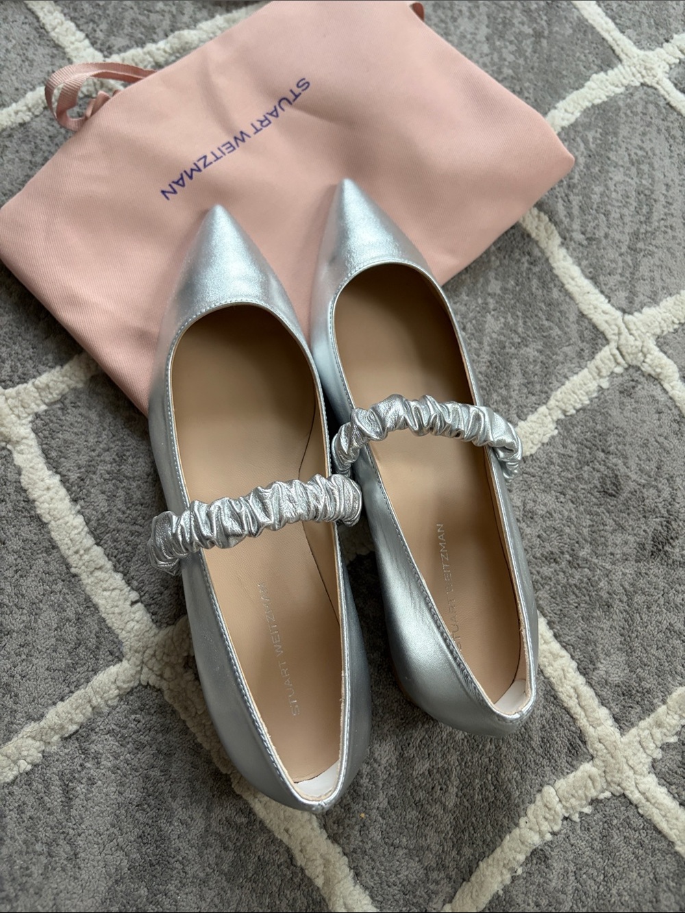 Stuart Weitzman Metallic Silver Pointed Ruched-Strap Flats